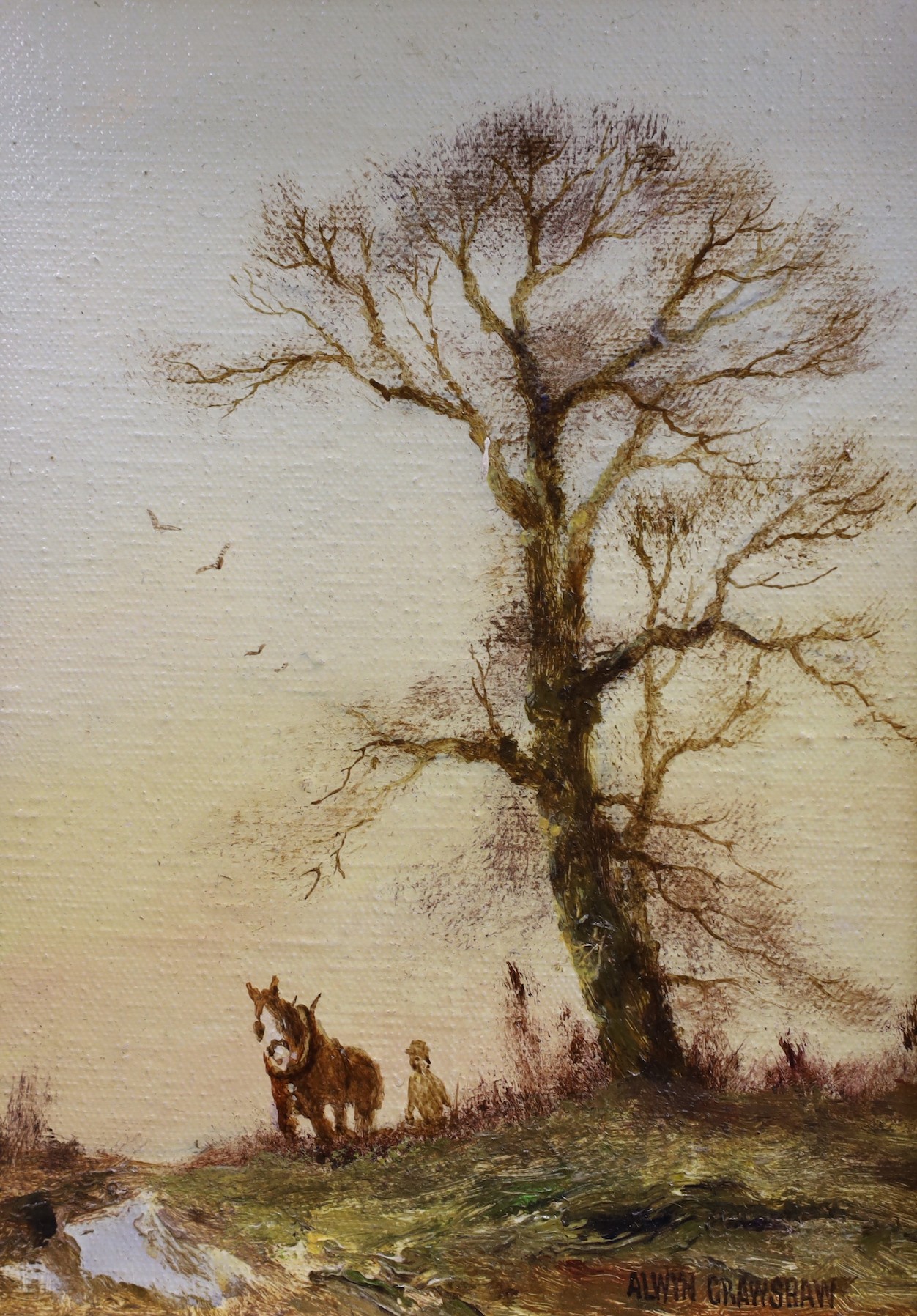 Alwyn Crawshaw (b.1934), pair of oils on canvas, Ploughing scenes, signed, 17 x 12cm